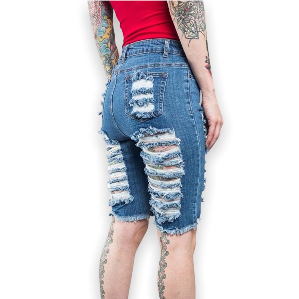 American Bazi Women's Blue Destroyed Denim Distressed Capri Knee Long Shorts - Picture 3 of 11